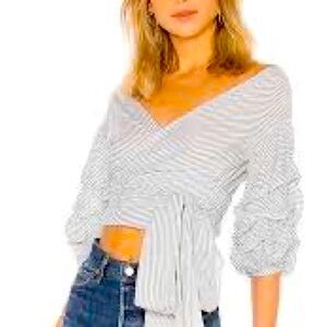 BY LOVERS AND FRIENDS BLUE AND WHITE STRIPE Bow Blouse Size L!❤️